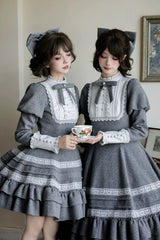 Grey [Letters and Poems · Old Memories] Stand Collar Long Sleeves Double-Layered Ruffled Bow Classic Elegant Lolita Dress 2 Versions - Product - 9