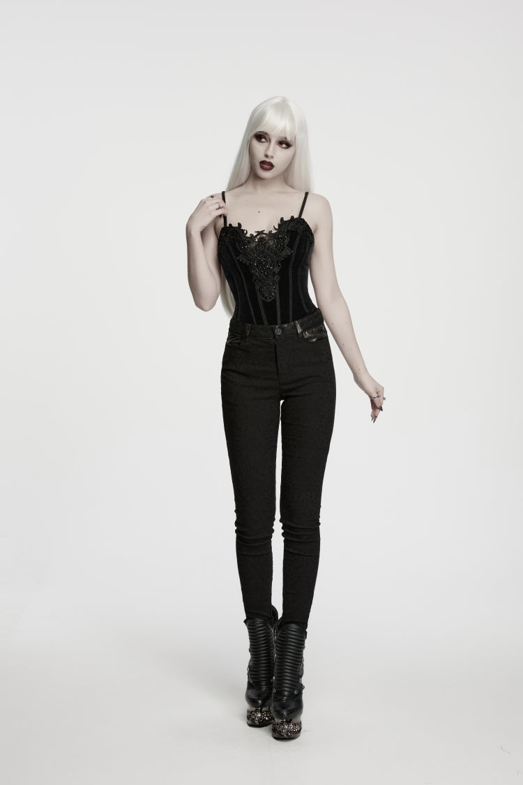 Black Jacquard Slim Fit Women's Gothic Cool Cosplay Pants - Black - 1