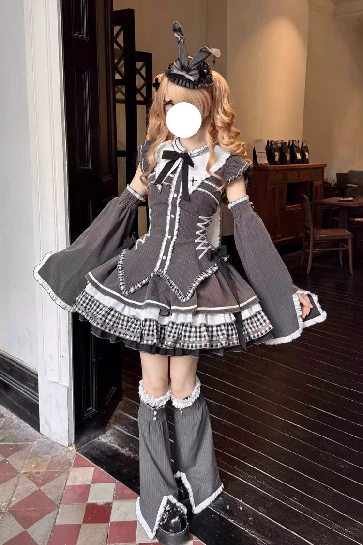 ブラック [Berlin Covenant] 取り外し可能な袖 姫袖 プリント フリル リボン レースアップ ゴシックロリータワンピースセット 商品画像