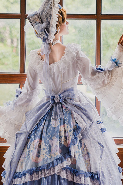 Blue/White Three Dimensional Flower Embroidery Hanayome Long Sleeves Bowknot Multi-Layer Ruffled Sweet Lolita OP Dress - Product - 5