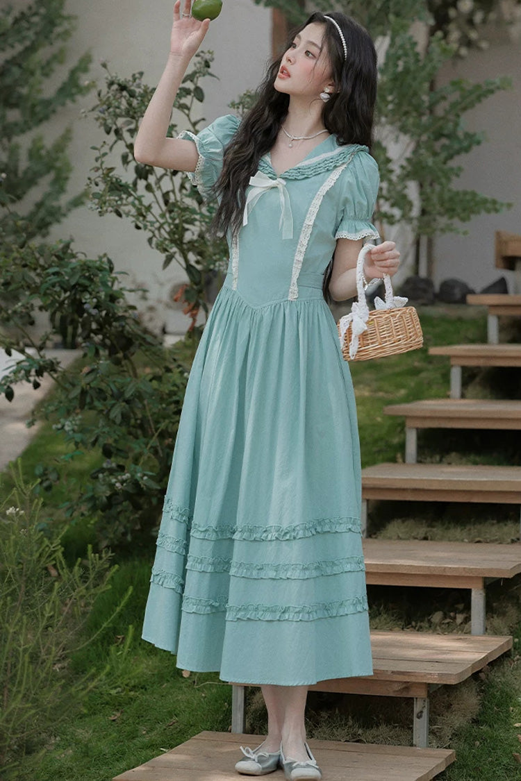 Lake Blue V Collar Short Puff Sleeves Ruffled Lace Sweet College Style Lolita Dress - Product - 7