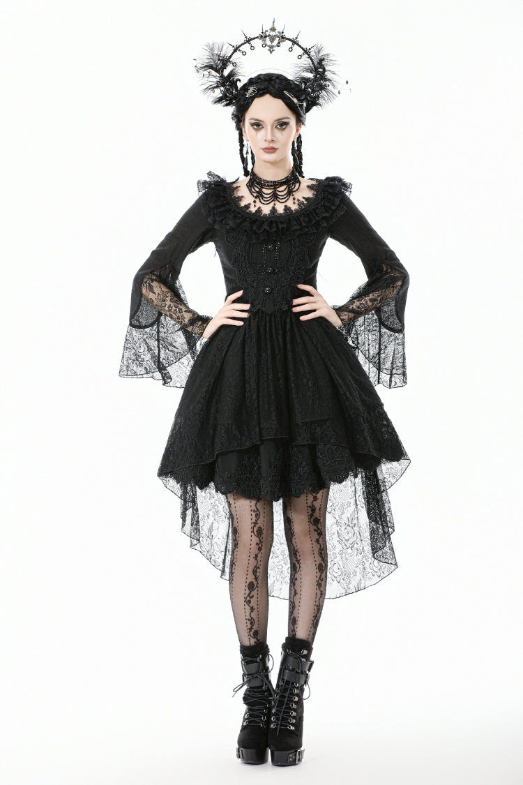 Black Lace Ruffled Boat Neck Long Trumpet Sleeves High-Low Hem Women's Gothic Dress - Black - 1