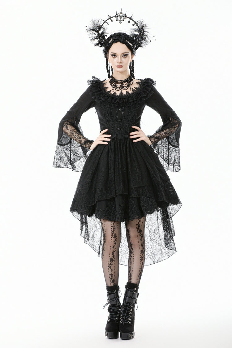 Black Lace Ruffled Boat Neck Long Trumpet Sleeves High-Low Hem Women's Gothic Dress - Black - 1