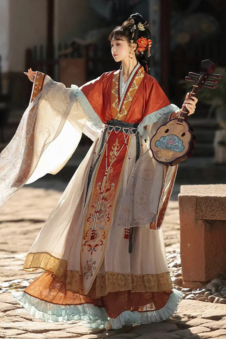 [Cloud-Clad Fairy] Long Sleeves Printed Ruffled Embroidered Classic Chinese Style Hanfu Dress Set 2 Colors - Product - 6