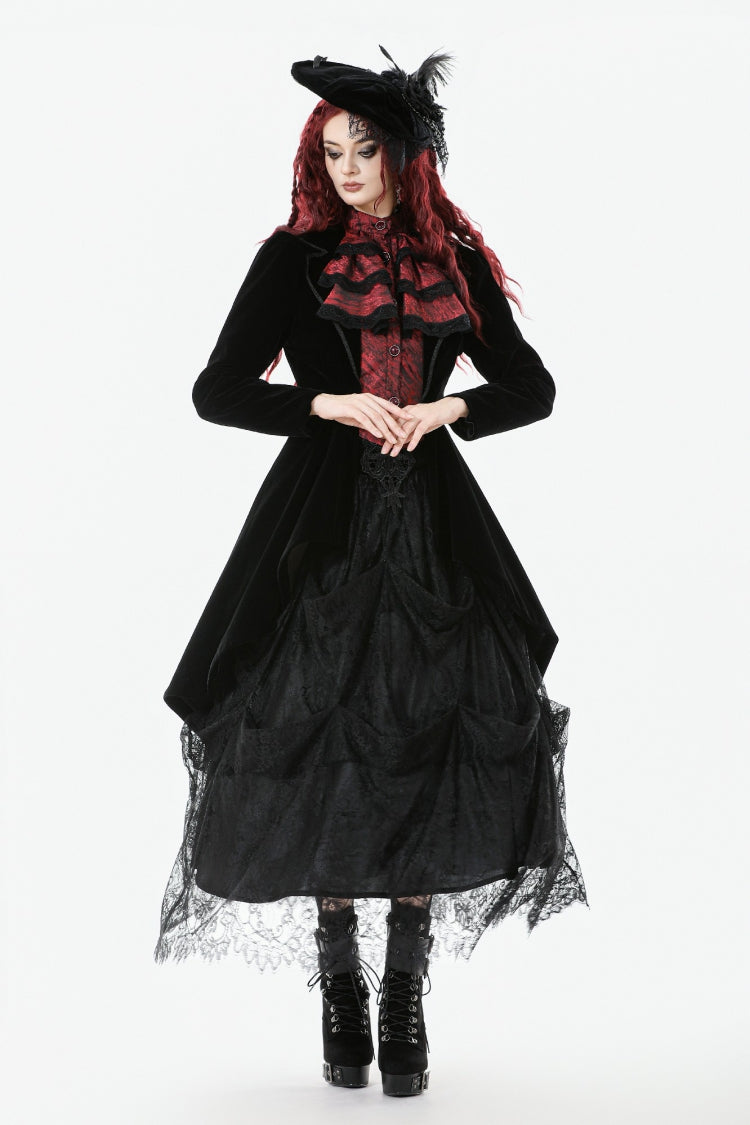 Black/Red Peak Lapel Collar Long Sleeves Multi-Layered Lace Mock Two-piece Women's Gothic Tailcoat - Product - 8