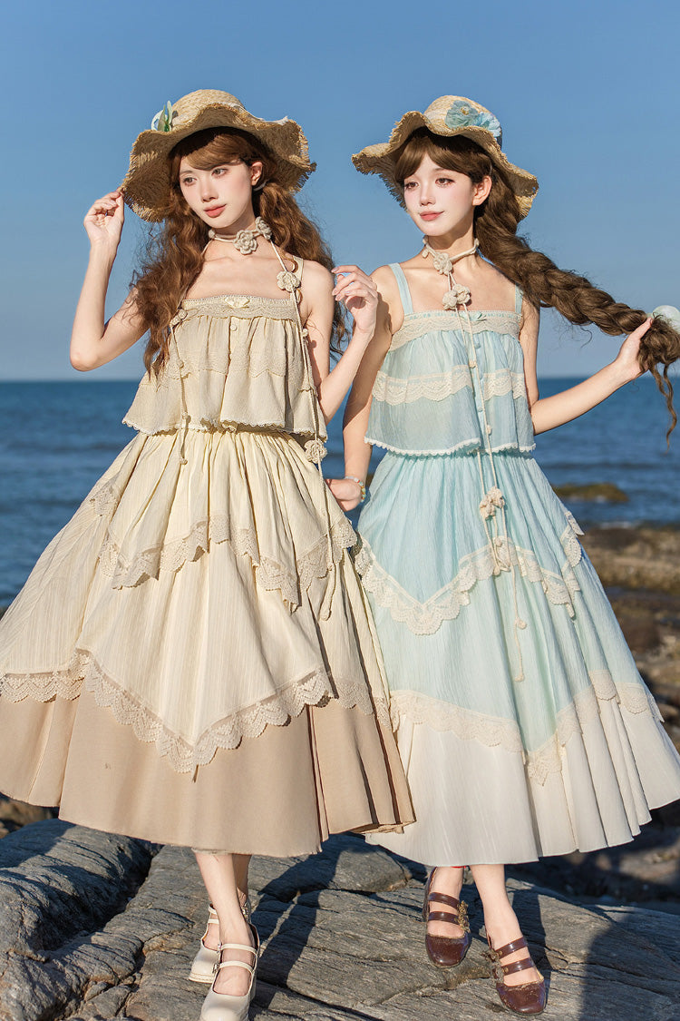 [Summer of Bluebells] Square Collar Sleeveless Jacquard Ruffled Asymmetric Sweet Lolita Skirt Set 2 Colors (Blue/Green, Ivory) - Product - 2