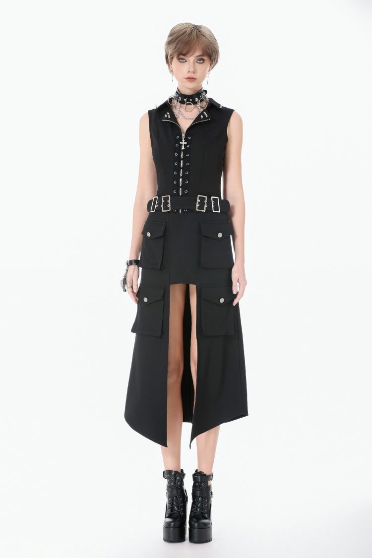 Black Lapel Collar Sleeveless Lace-Up Studded Zippered Eyelet Women's Punk Vest - Product - 5