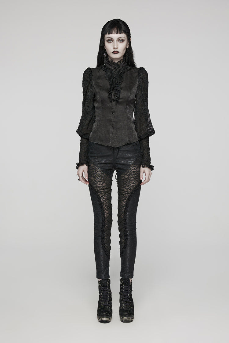 Black Stand Collar Lace Long Sleeves Ruffle Hollow Womens Gothic Blouse - Product - 2