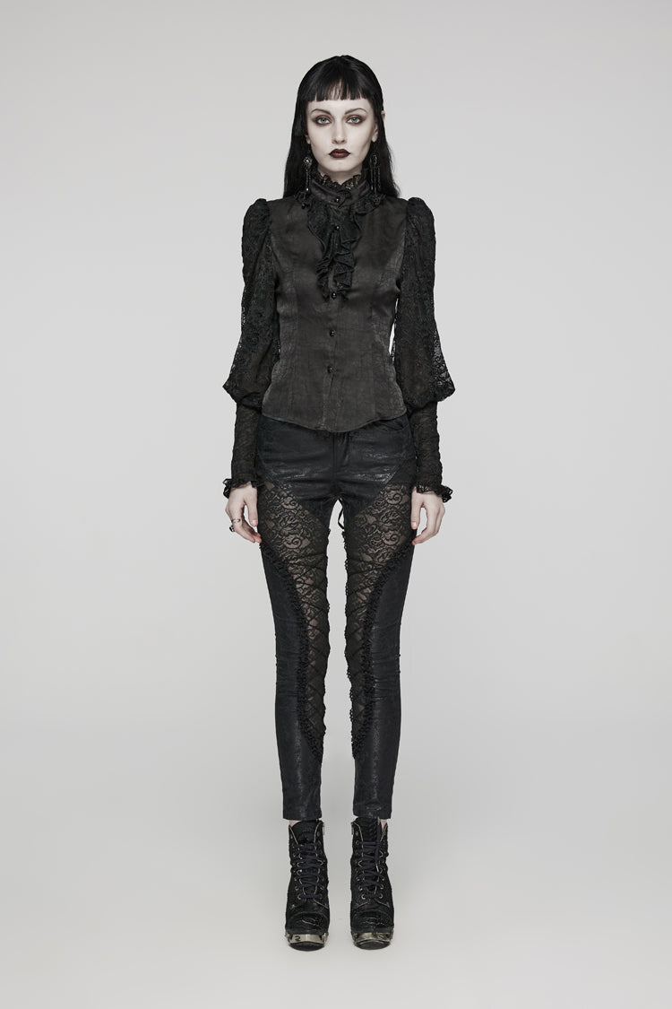 Black Stand Collar Lace Long Sleeves Ruffle Hollow Womens Gothic Blouse - Product - 2