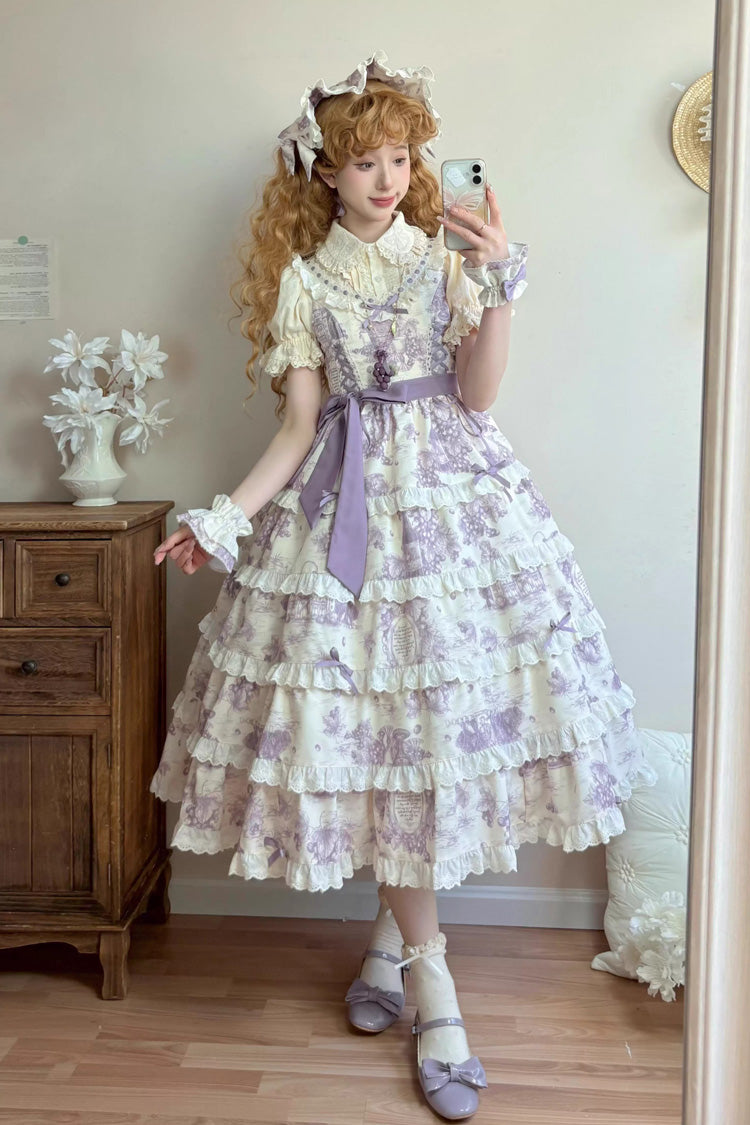 Purple [Grape Moon Almanac] Sleeveless Multi-Layered Printed Ruffled Bow Adjustable-Length Sweet Lolita Jsk Dress - Product - 12
