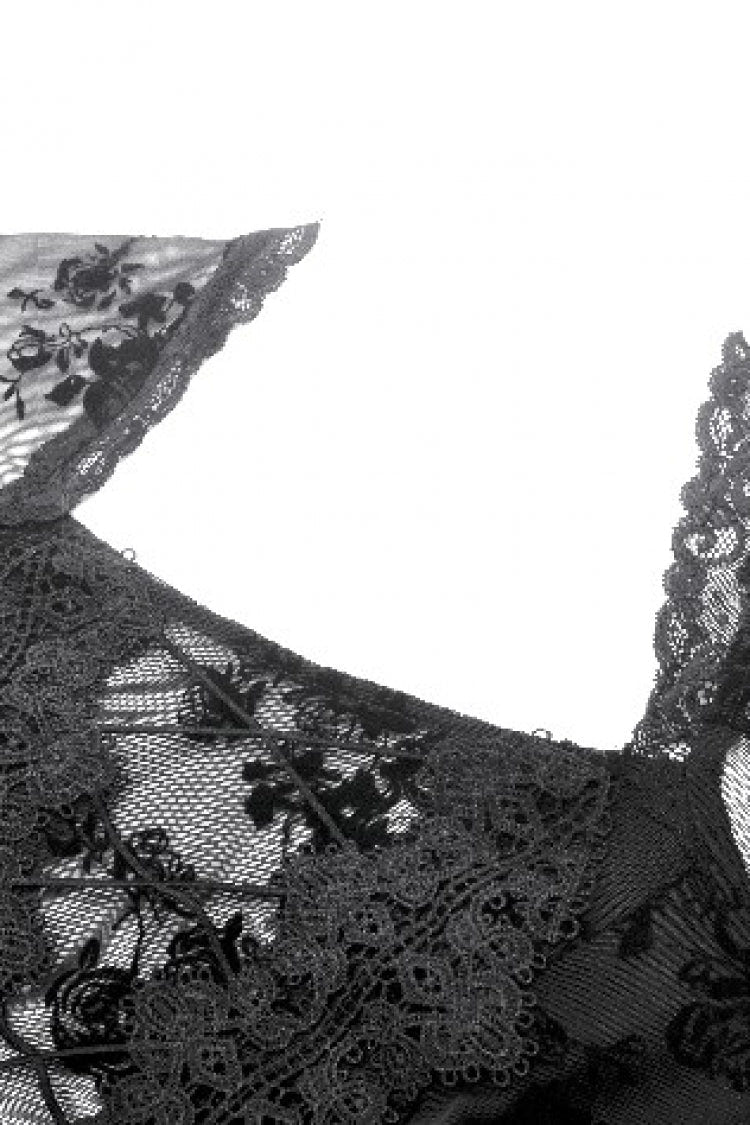 Black Square Collar Long Trumpet Sleeves Mesh Embroidered Lace Lace-Up Women's Gothic Dress - Product - 12