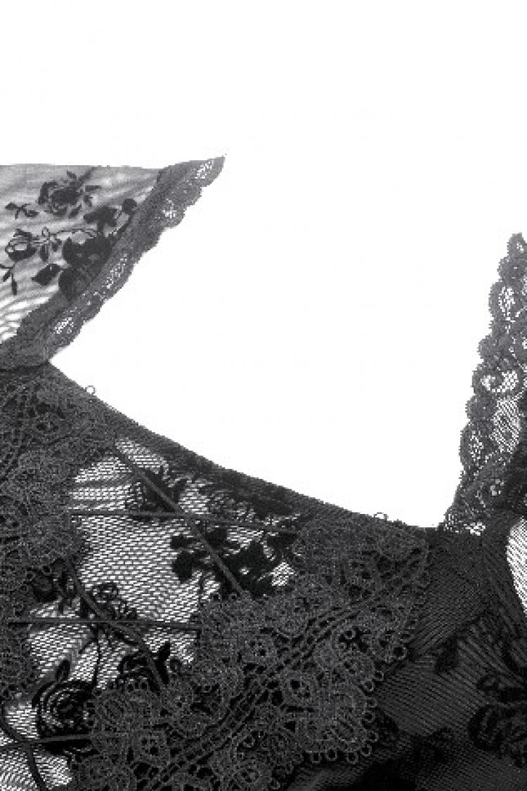 Black Square Collar Long Trumpet Sleeves Mesh Embroidered Lace Lace-Up Women's Gothic Dress - Product - 12