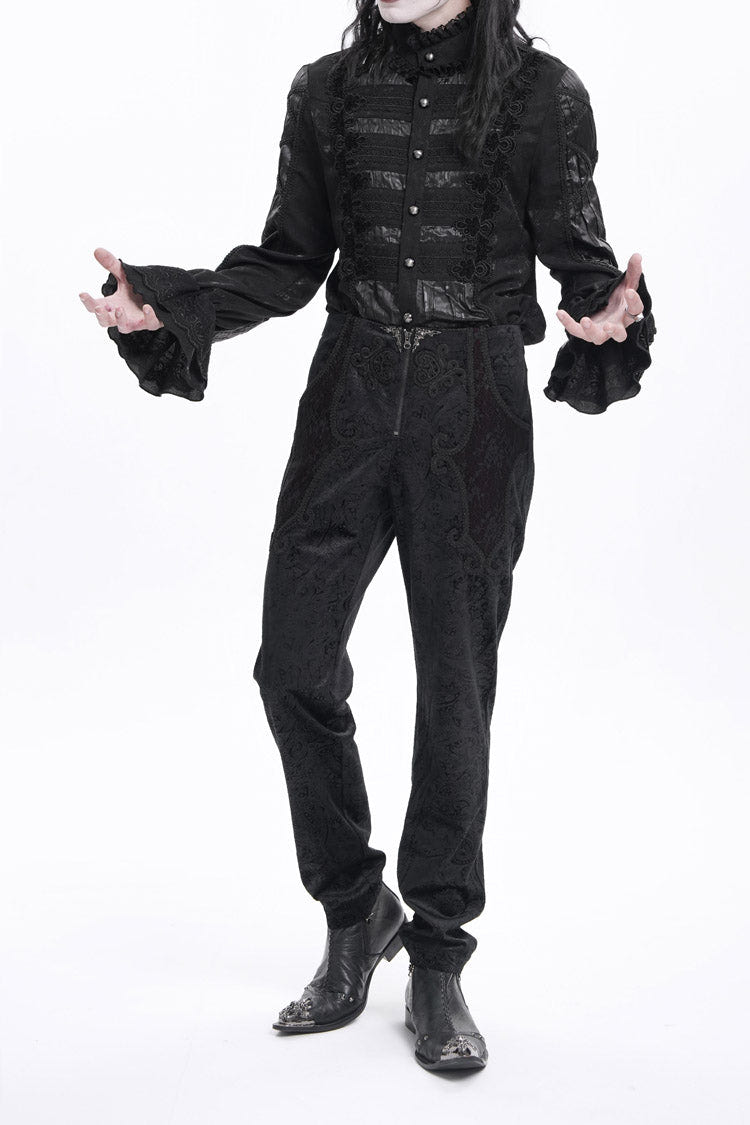 Black Floral Branded Print Embroidery Zipper Men's Gothic Pants - Product - 2
