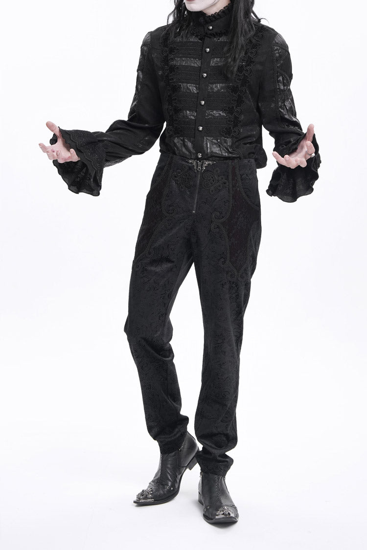 Black Floral Branded Print Embroidery Zipper Men's Gothic Pants - Product - 2