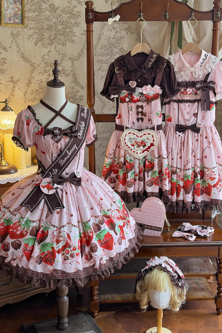 Pink [Strawberry Chocolate Lover] Sleeveless Printed Ruffled Embroidered Bow Lace Sweet Lolita Jsk Dress - Product - 14