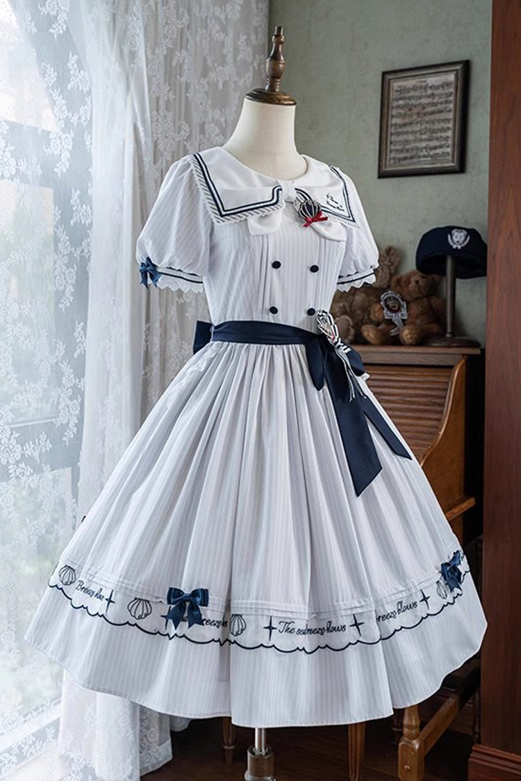 White Navy Stripe Print Short Sleeves Ruffle Embroidery Sweet (Dress Only) detail view 14