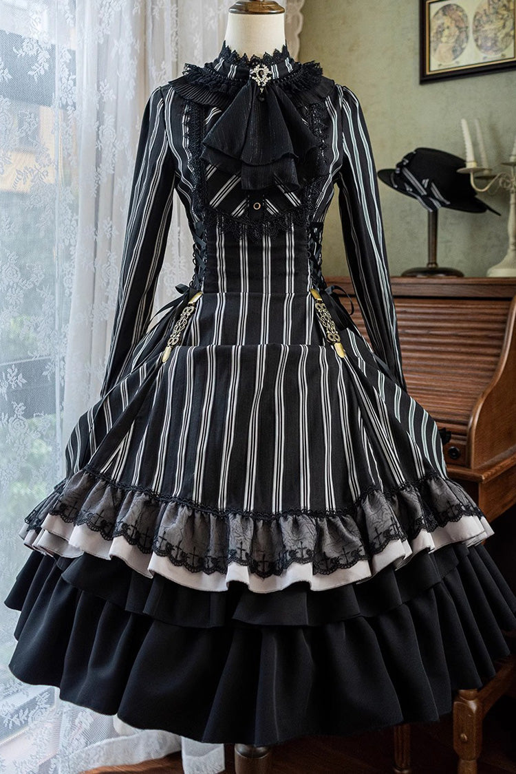 Black Stand Collar Long Sleeves Multi-layer Striped Print Ruffle Gothic Lolita Dress - Product - 6