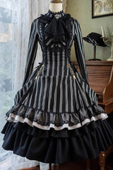 Black Stand Collar Long Sleeves Multi-layer Striped Print Ruffle Gothic Lolita Dress - Product - 6