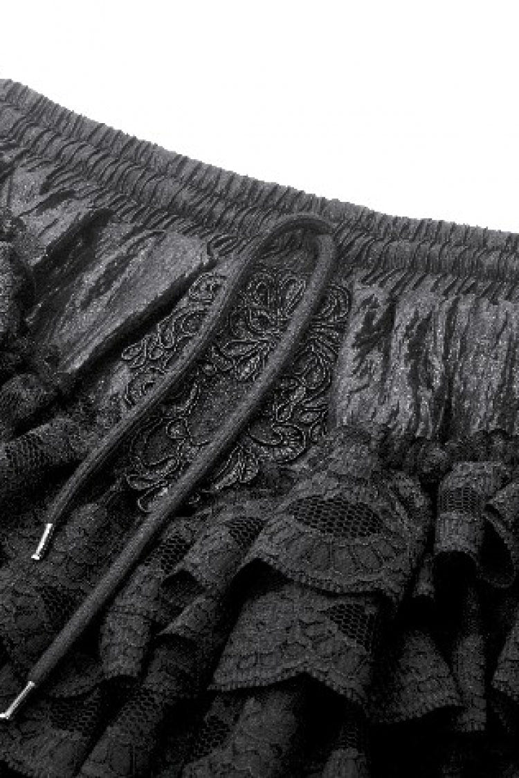 Black Women's Lolita Gothic Embroidered Flower Multilayered Lace Trim Lantern Shorts - Product - 12