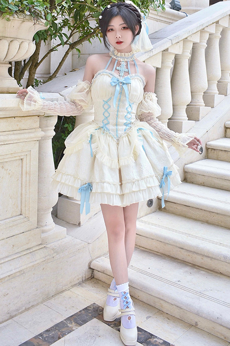Blue/Ivory Tube Top Sleeveless Ruffle Bowknot Gothic Lolita Jsk Tiered Dress - Product - 5