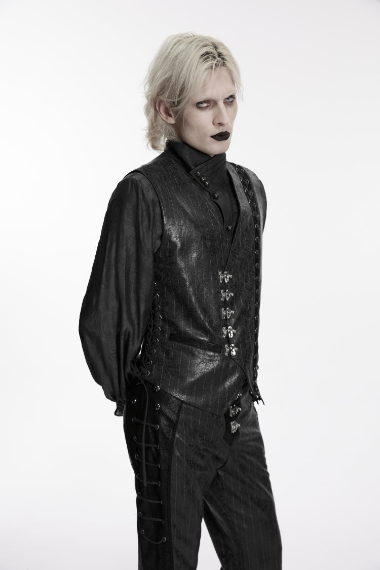 Black V Collar Lace-Up Slim Asymmetric Buckled Men's Punk Vest - Product - 6