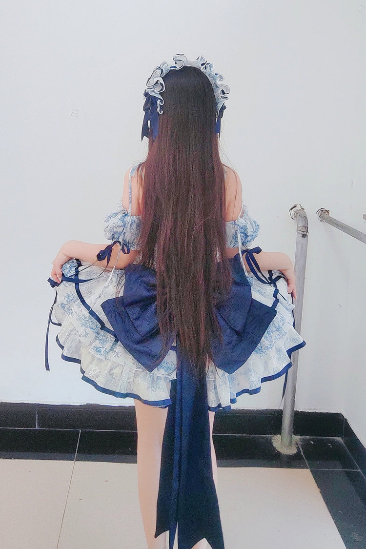 Blue/White Sleeveless Multi-Layered Print Bowknot Fishbone Sweet Classic Chinese Style Lolita Jsk Short Dress - Product - 7