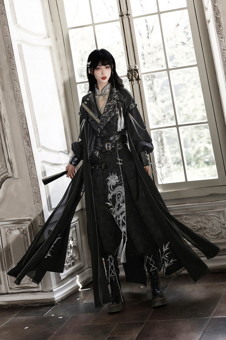 Black [Shadow Dragon Diving Into the Abyss] Long Sleeves Jacquard Embroidered Gothic Chinese Inspired Hanfu Ouji Lolita Set - Product - 9