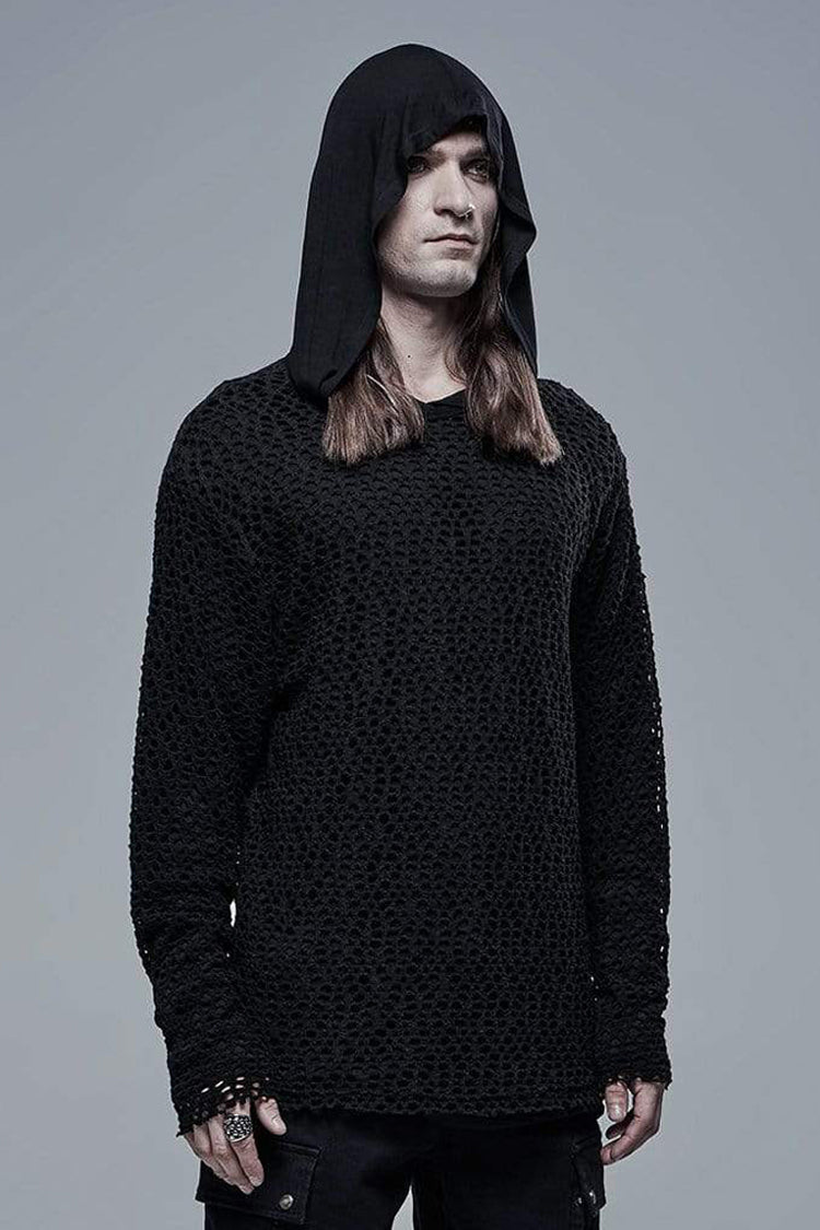 Black Knit Outer Mesh Long Sleeve Inner Hooded Simple Two Piece Men's Punk T-Shirt - Product - 2