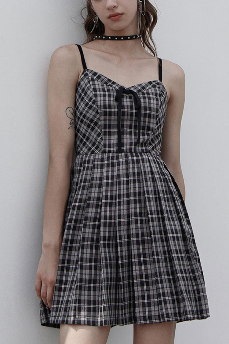 White/Black Plaid Front Chest Bow Decoration Women's Punk Slip Dress - White/Black - 1