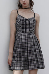 White/Black Plaid Front Chest Bow Decoration Women's Punk Slip Dress - White/Black - 1