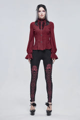 Red Lace High Neck Three Dimensional Embroidered Lantern Trumpet Sleeves Women's Gothic Shirt - Product - 4