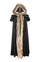 Black Hooded Fur Collar Wool Long Womens Gothic Coat Cloak - Product - 7