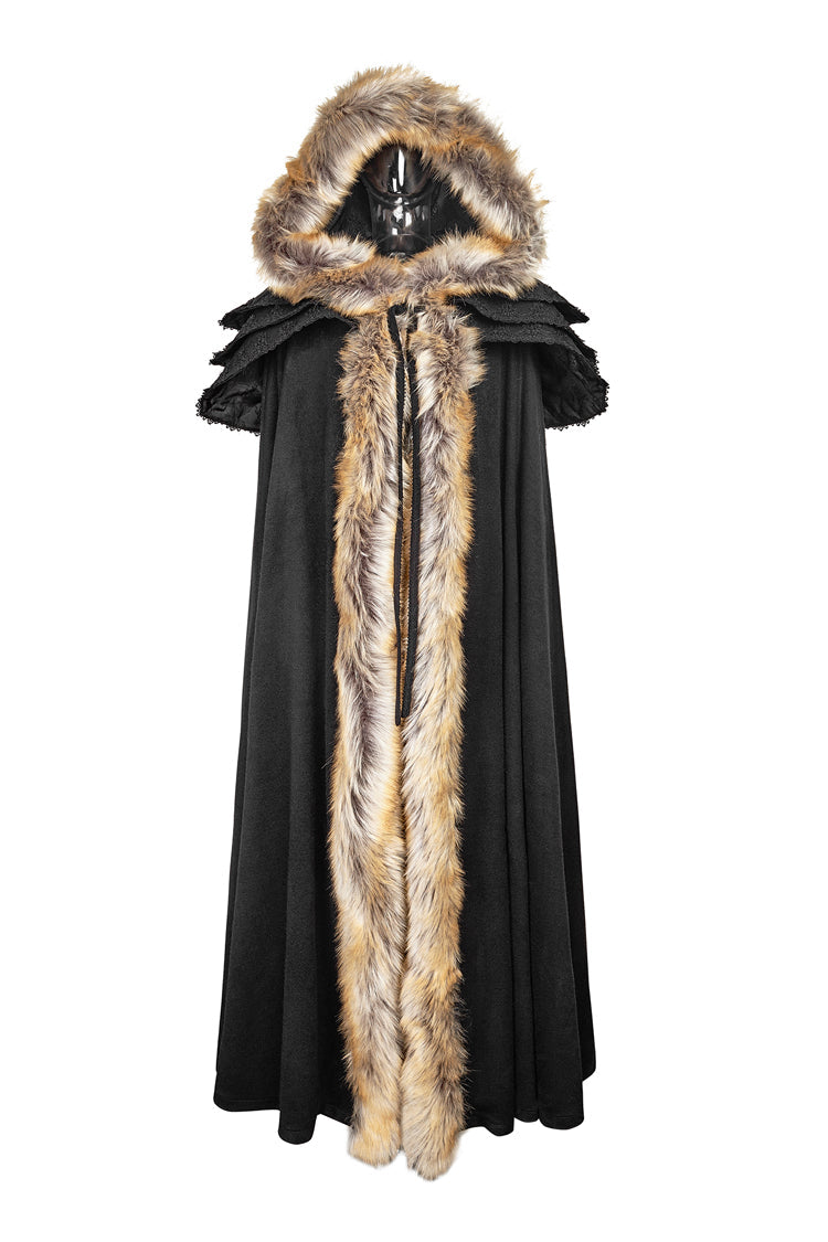 Black Hooded Fur Collar Wool Long Womens Gothic Coat Cloak - Product - 7