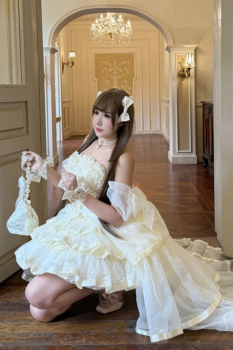 Beige [Mousse Love Song] Off Shoulder Sleeveless Triple-Layered Ruffled Hanayome Bow Sweet Elegant Ballet Lolita Short Dress Set - Product - 2