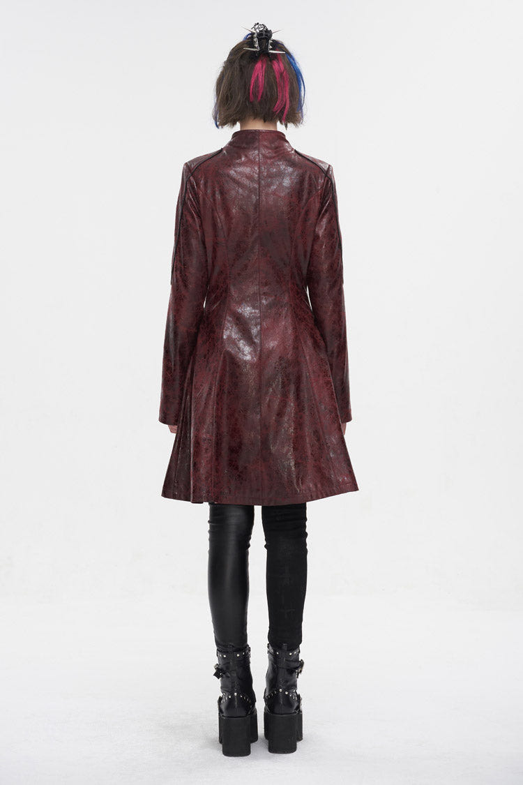 Red Double Buckle Faux Leather Long Women's Punk Coat - Product - 8