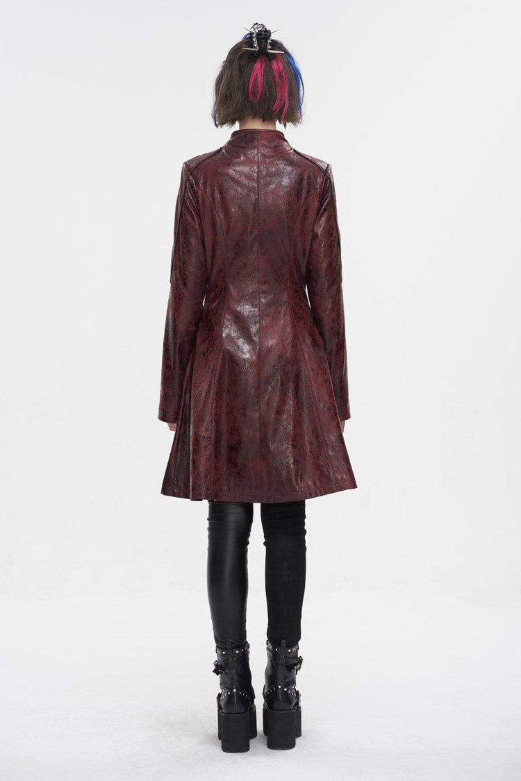 Red Double Buckle Faux Leather Long Women's Punk Coat - Product - 8