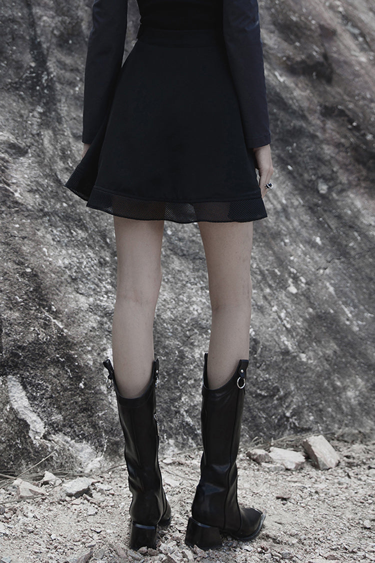 Black Chiffon Plaid Large-Hole Mesh Stitching V-Word Segmentation Design Sun-Hem Women's Punk Skirt - Product - 3