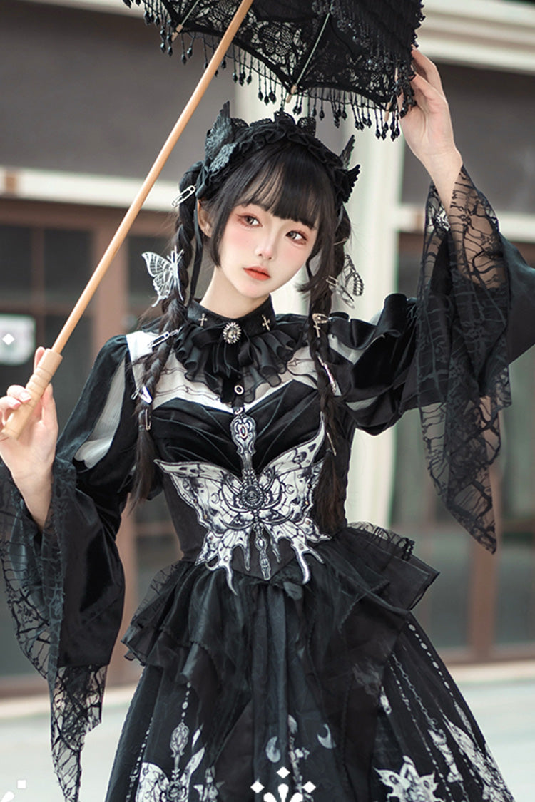Black [Feast of Bones] Print Ruffle Bowknot Lace Gothic Elegant Lolita Long Dress - Product - 6