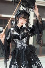 Black [Feast of Bones] Print Ruffle Bowknot Lace Gothic Elegant Lolita Long Dress - Product - 6