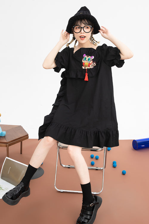 Black Ruffled Square Collar Cute Tiger Embroidered Bubble Short Sleeves High Waisted Sweet Lolita Dress - Product - 7