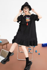 Black Ruffled Square Collar Cute Tiger Embroidered Bubble Short Sleeves High Waisted Sweet Lolita Dress - Product - 7