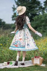 Blue/Green [Tea Party] Short Sleeves Print Ruffle Bowknot Lace Sweet Elegant Lolita Dress - Product - 3