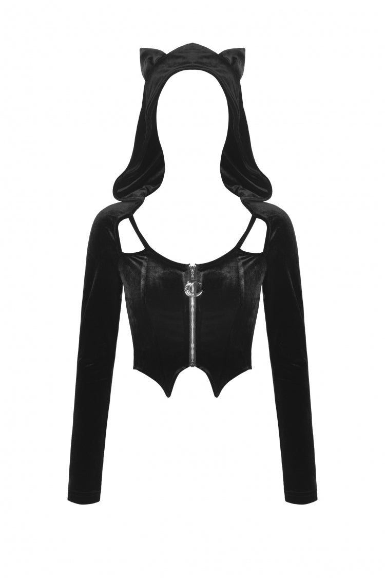 Black Long Sleeves Irregular Moon-shaped Zipper Women's Punk Crop Top with Cat's Ears Hood - Product - 3