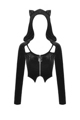 Black Long Sleeves Irregular Moon-shaped Zipper Women's Punk Crop Top with Cat's Ears Hood - Product - 3