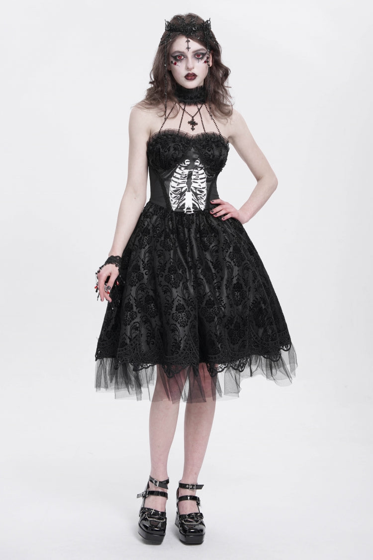 Black Halterneck Skeleton Print Embroidery Stitching Lace Women's Gothic Dress - Product - 10