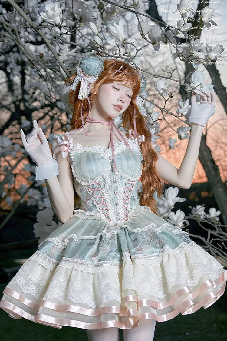 Green Waltz Multi-layer Print Ruffle Bowknot Sweet Chinese Style Elegant Lolita Jsk Dress - Product - 2