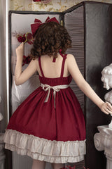 Red [Monet Estate] Sleeveless High Waisted Ruffle Bowknot Asymmetric Gothic Lolita Jsk Dress - Product - 15