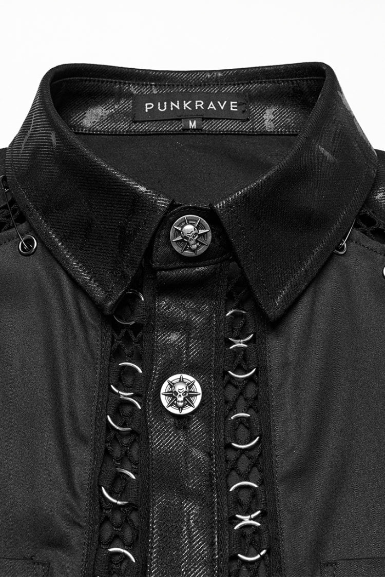 Black Lapel Collar Long Sleeves Stitching Mesh Men's Punk Blouse - Product - 5