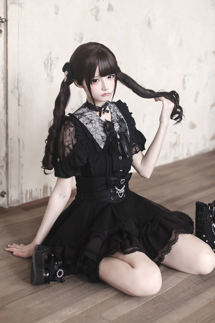 Black [Dreamy Love Ballad] Lapel Collar Short Sleeves Double-Layered Ruffled Cut-Out Bow Gothic Japanese Jirai Kei Skirt Set - Product - 3