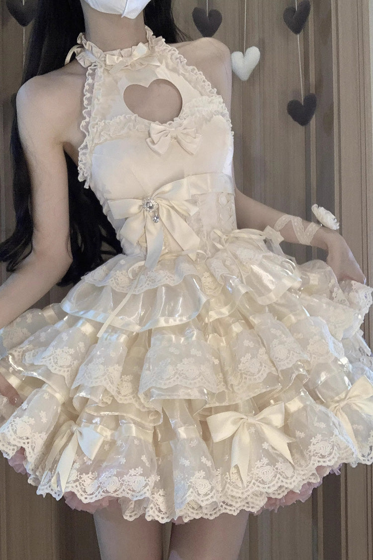 Apricot Heartbeat Multi-Layered Ruffle Heart Shape Hollow Bowknot Sweet Ballet Lolita Dress - Product - 5